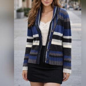 Chunky Knit Striped Cardigan Sweater Wool Blend Shawl Collar Button Front Blue G